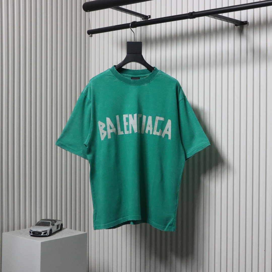 Balenciaga 25ss Washed Masking Tape Color Ripped Holes T-shirt Lake Green