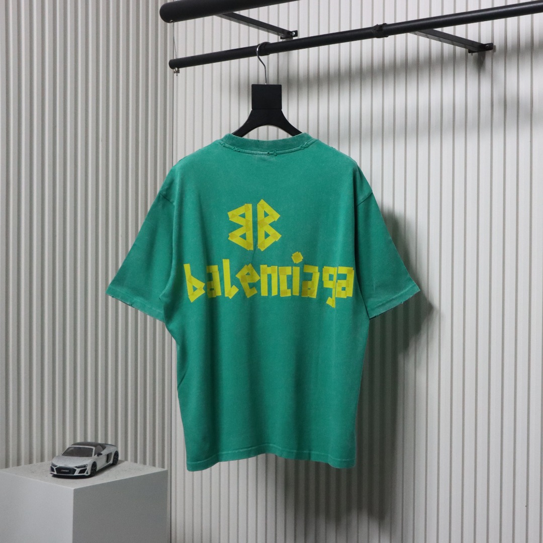 Balenciaga 25ss Washed Masking Tape Color Ripped Holes T-shirt Lake Green