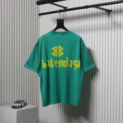 Balenciaga 25ss Washed Masking Tape Color Ripped Holes T-shirt Lake Green 02