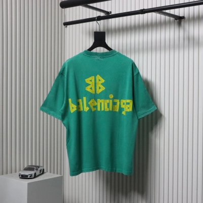 Balenciaga 25ss Washed Masking Tape Color Ripped Holes T-shirt Lake Green 02
