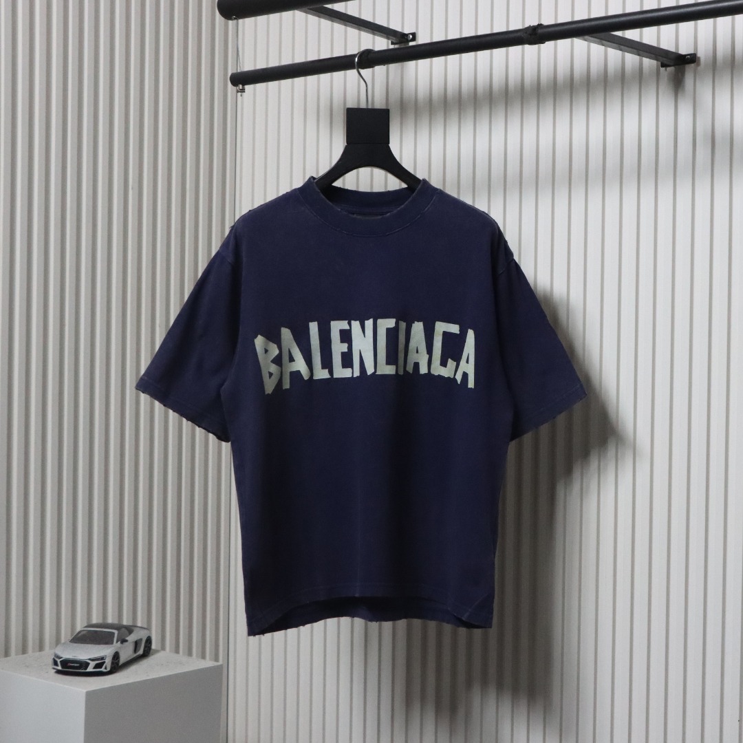 Balenciaga 25ss Washed Masking Tape Color Ripped Holes T-shirt Navy