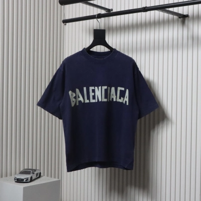 Balenciaga 25ss Washed Masking Tape Color Ripped Holes T-shirt Navy 01
