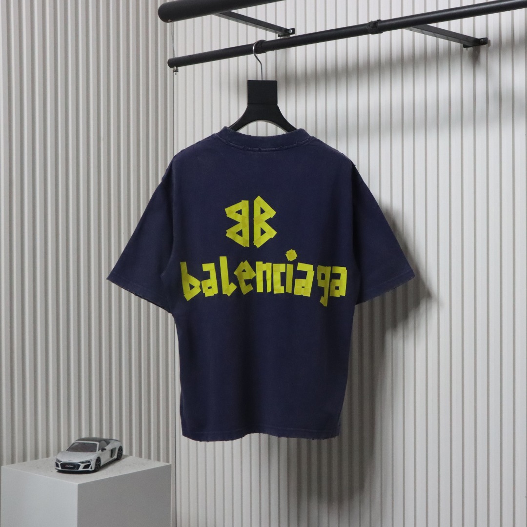 Balenciaga 25ss Washed Masking Tape Color Ripped Holes T-shirt Navy
