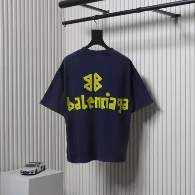 Balenciaga 25ss Washed Masking Tape Color Ripped Holes T-shirt Navy 02