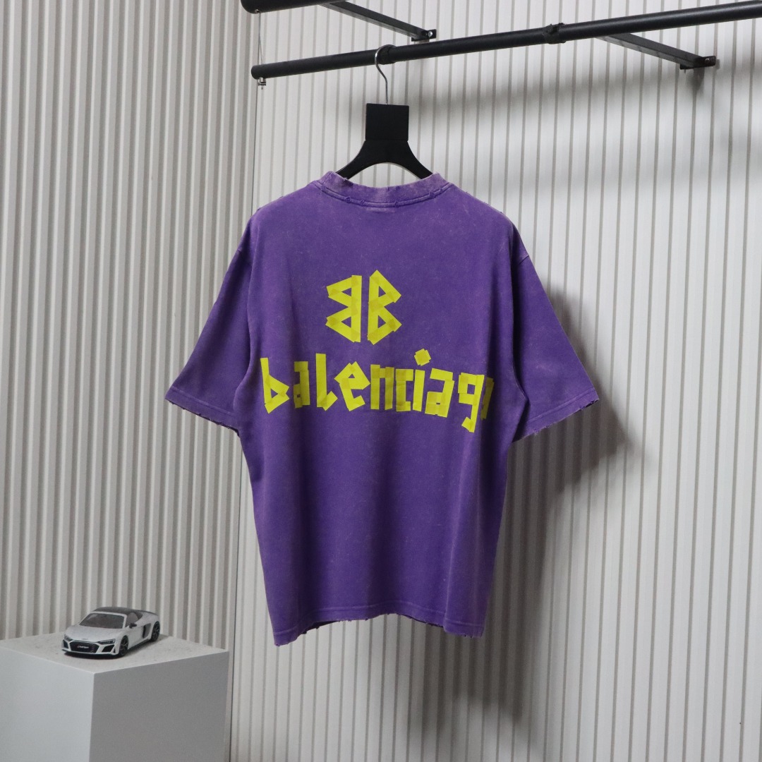 Balenciaga 25ss Washed Masking Tape Color Ripped Holes T-shirt Purple