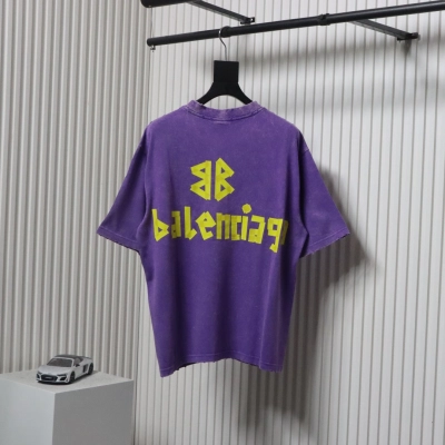 Balenciaga 25ss Washed Masking Tape Color Ripped Holes T-shirt Purple 01
