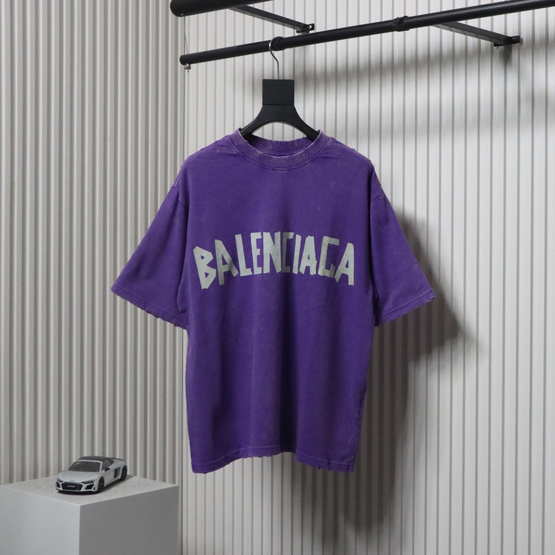 Balenciaga 25ss Washed Masking Tape Color Ripped Holes T-shirt Purple