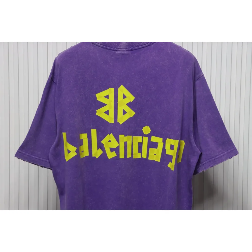 Balenciaga 25ss Washed Masking Tape Color Ripped Holes T-shirt Purple