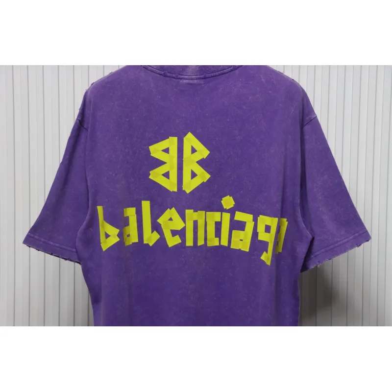 Balenciaga 25ss Washed Masking Tape Color Ripped Holes T-shirt Purple