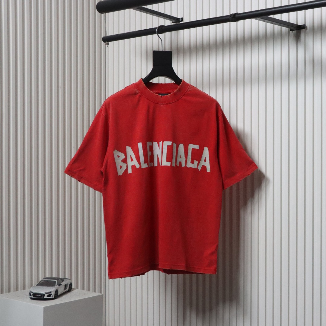 Balenciaga 25ss Washed Masking Tape Color Ripped Holes T-shirt Red
