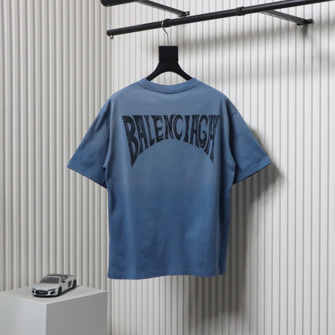 Balenciaga Tie-dye Fried Snowflakes Hand-painted Letters On the Back T-shirt Blue