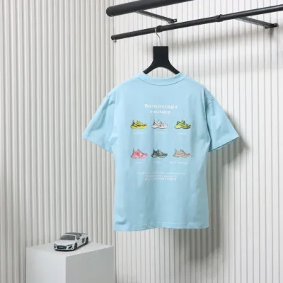 Balenciaga 25ss Dad Shoes Pattern Letter Print T-shirt Blue 02