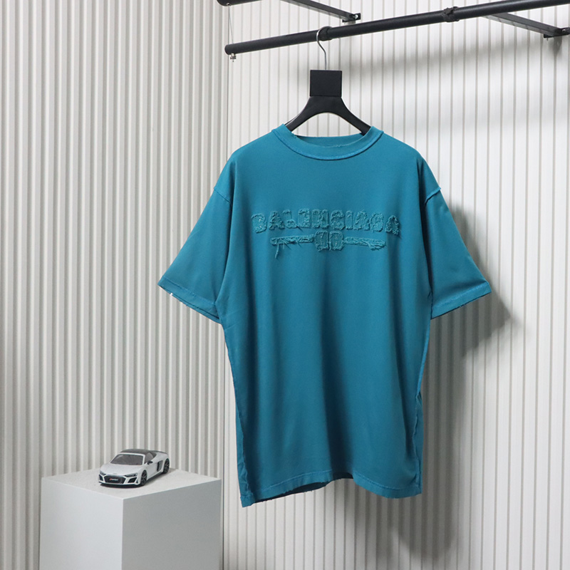 Balenciaga 25ss Patch Letter Reverse Stitch Hole T-shirt Blue