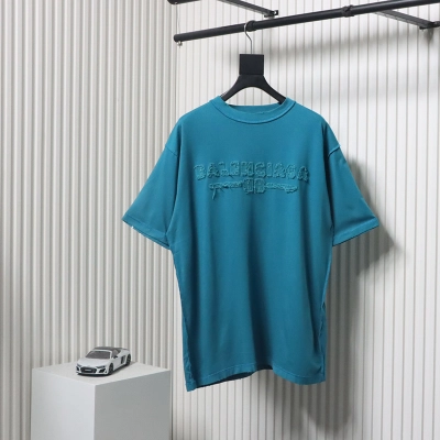 Balenciaga 25ss Patch Letter Reverse Stitch Hole T-shirt Blue 01