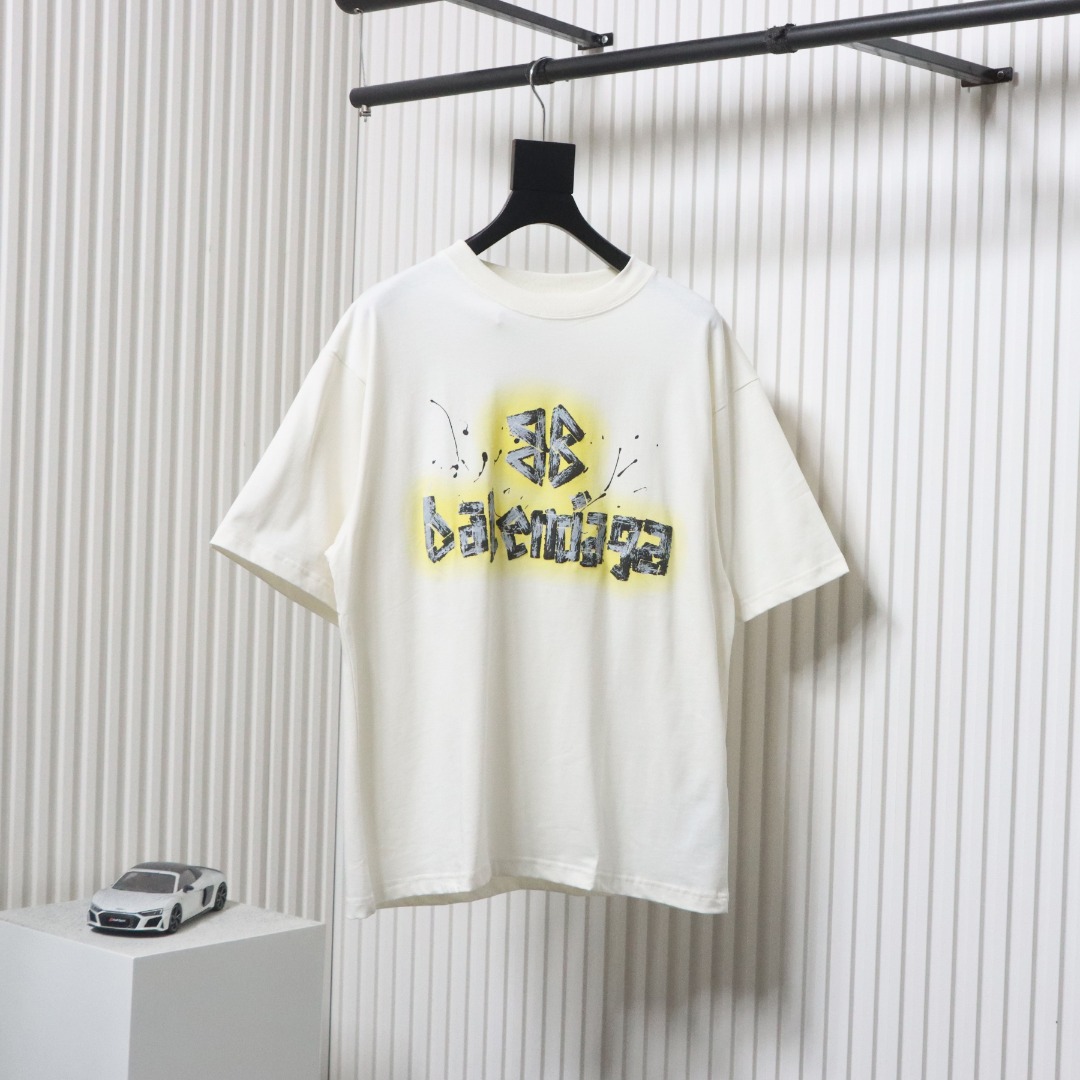 Balenciaga Hand-painted BB Letters Printed Round Neck T-shirt