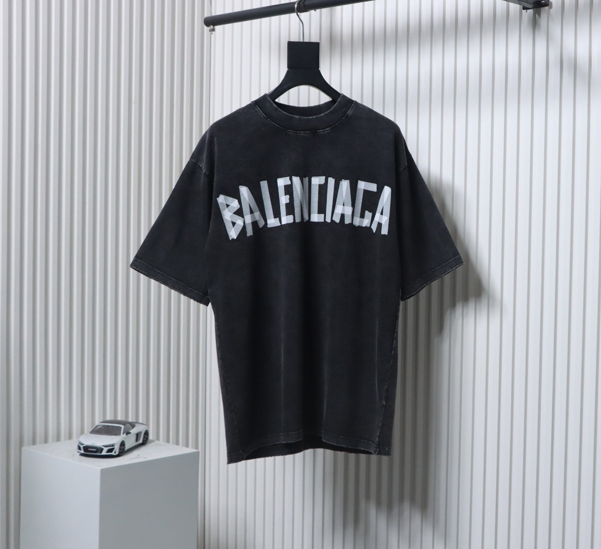 Balenciaga Tape Lettering Distressed T-shirt Black Grey