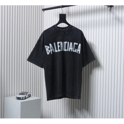 Balenciaga Tape Lettering Distressed T-shirt Black Grey 01