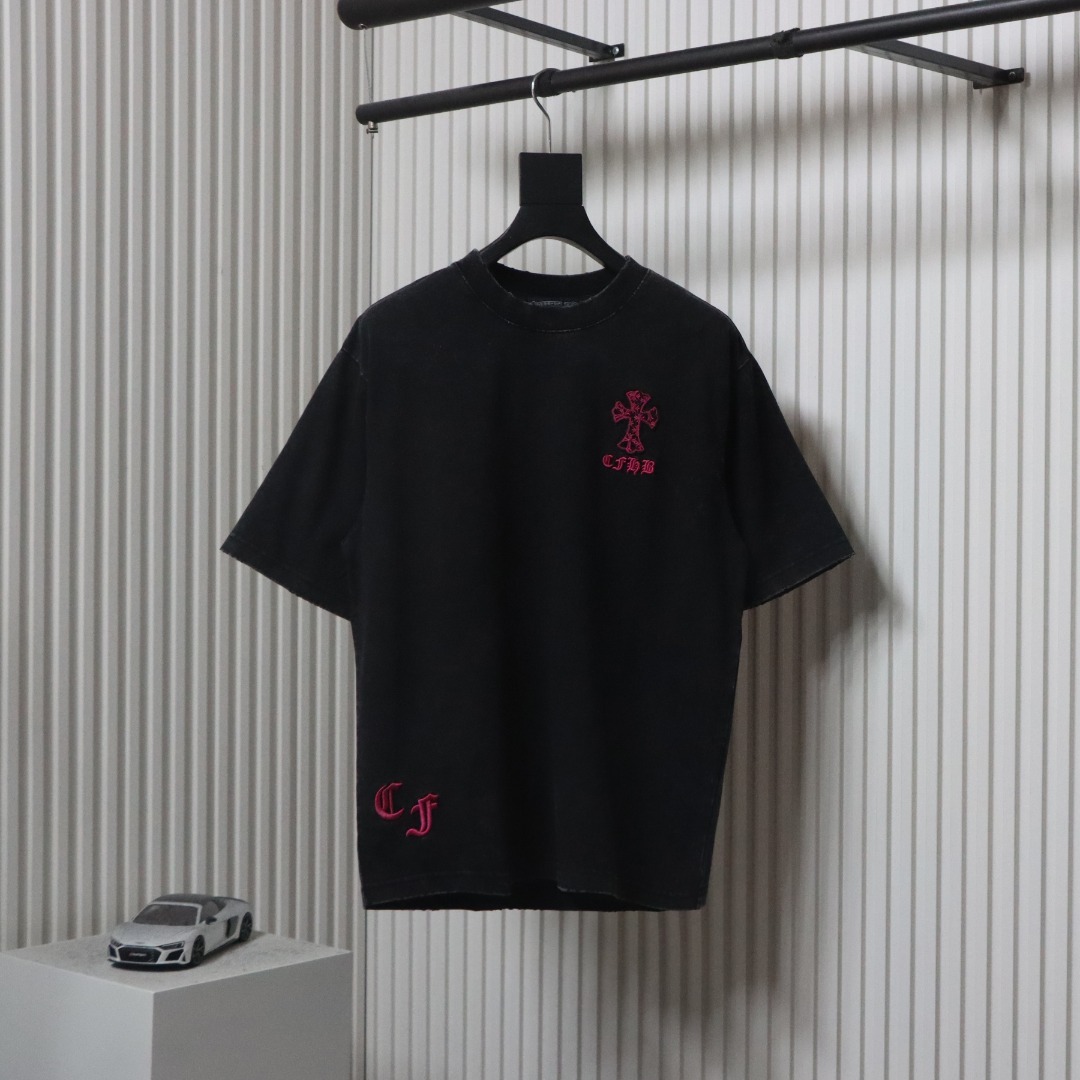Chrome Hearts 25ss Catwalk Cross Patch Embroidery Washed Burnt Flower T-shirt Black