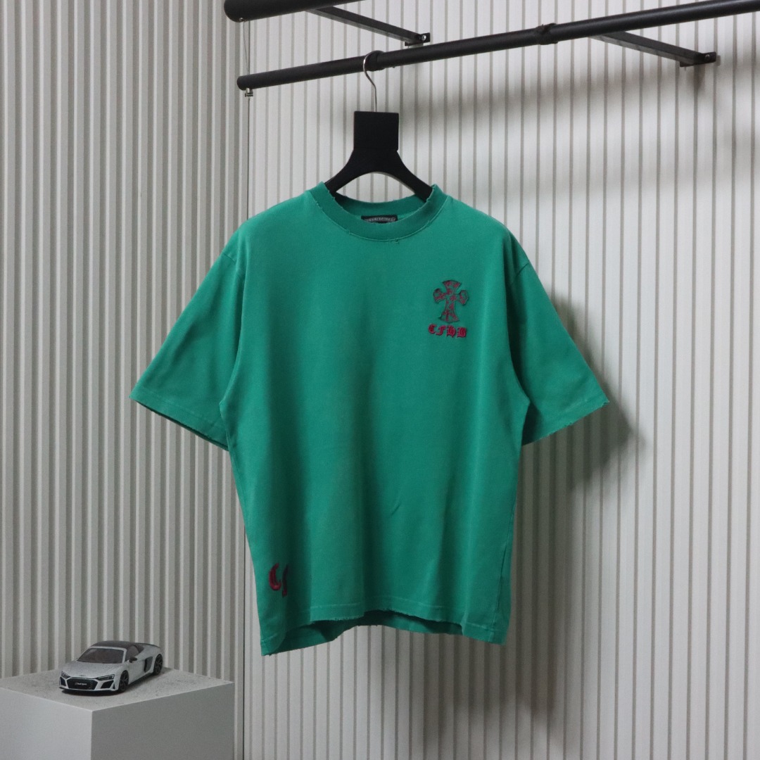 Chrome Hearts 25ss Catwalk Cross Patch Embroidery Washed Burnt Flower T-shirt Green