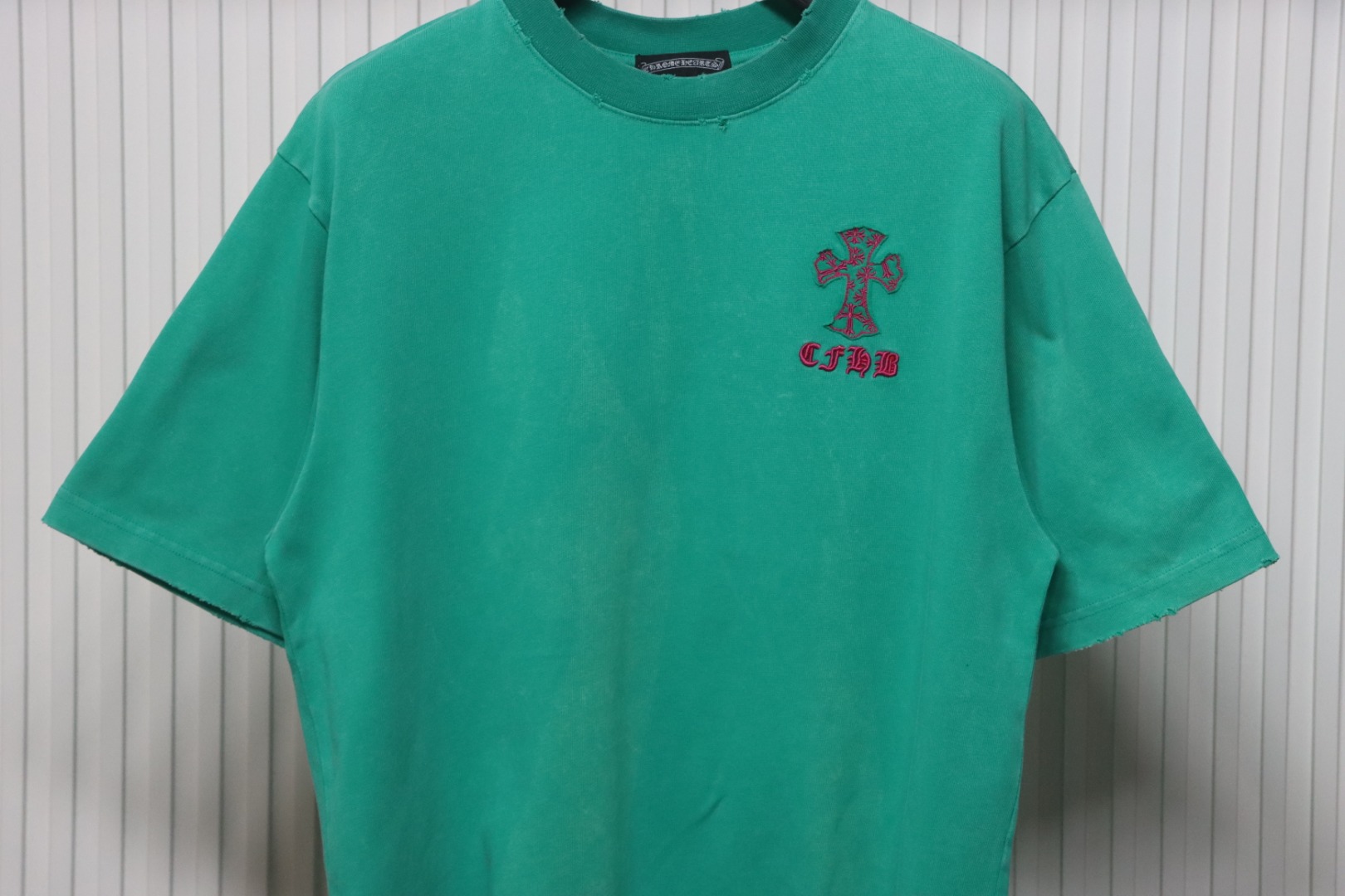 Chrome Hearts 25ss Catwalk Cross Patch Embroidery Washed Burnt Flower T-shirt Green