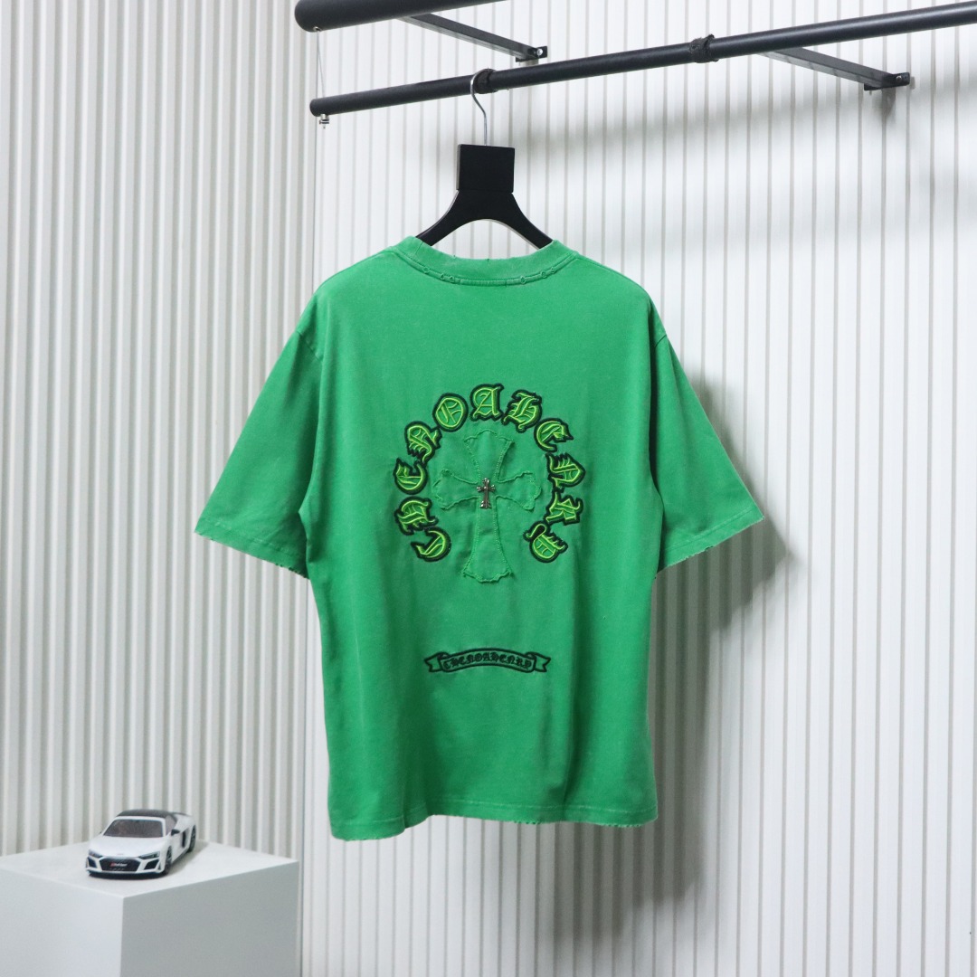 Chrome Hearts 25ss Sanskrit Horseshoe Cross Patch Embroidered Washed T-shirt Green
