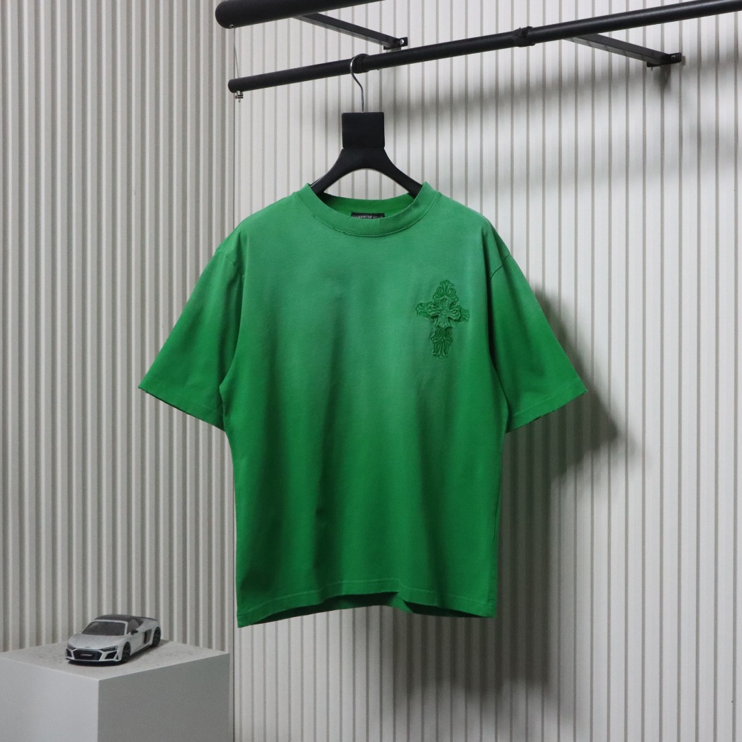 Chrome Hearts 25ss Cross Patch Embroidery Washed Holes T-shirt Green