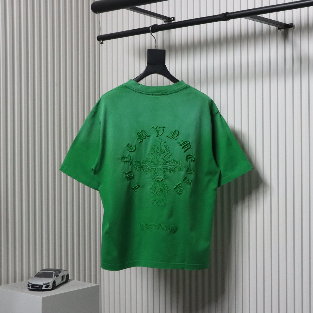 Chrome Hearts 25ss Cross Patch Embroidery Washed Holes T-shirt Green