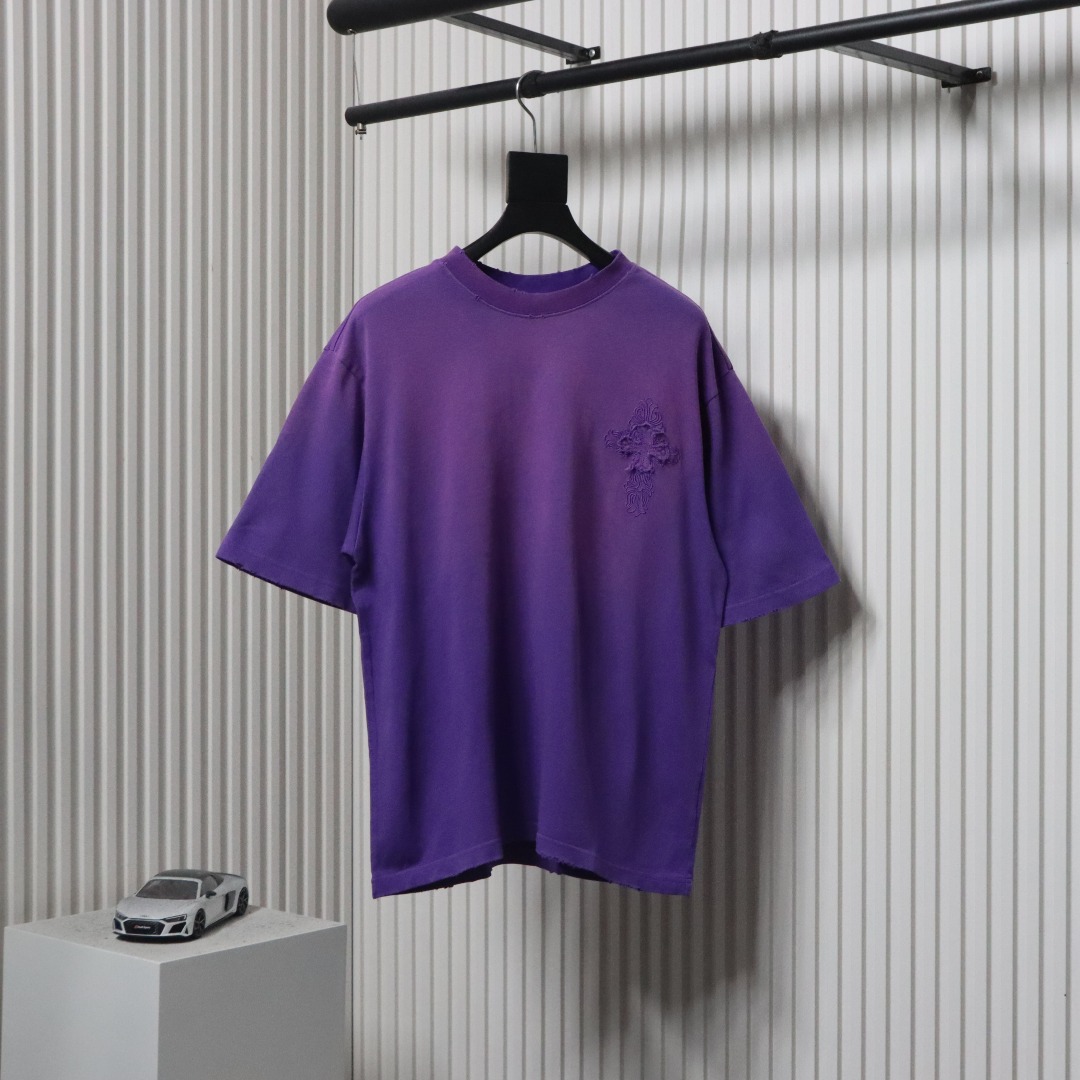 Chrome Hearts 25ss Cross Patch Embroidery Washed Holes T-shirt Purple