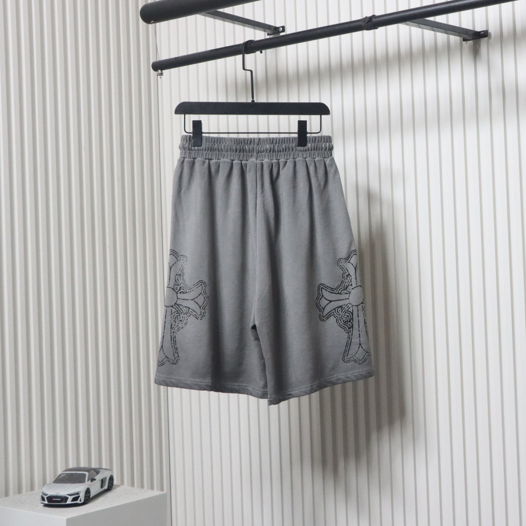 Chrome Hearts Cotton Distressed Printed Embroidered Shorts Grey