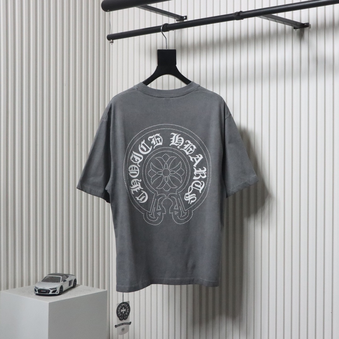 Chrome Hearts Heavy Industry Horseshoe Silicone Ceramic Drill Old T-shirt Grey