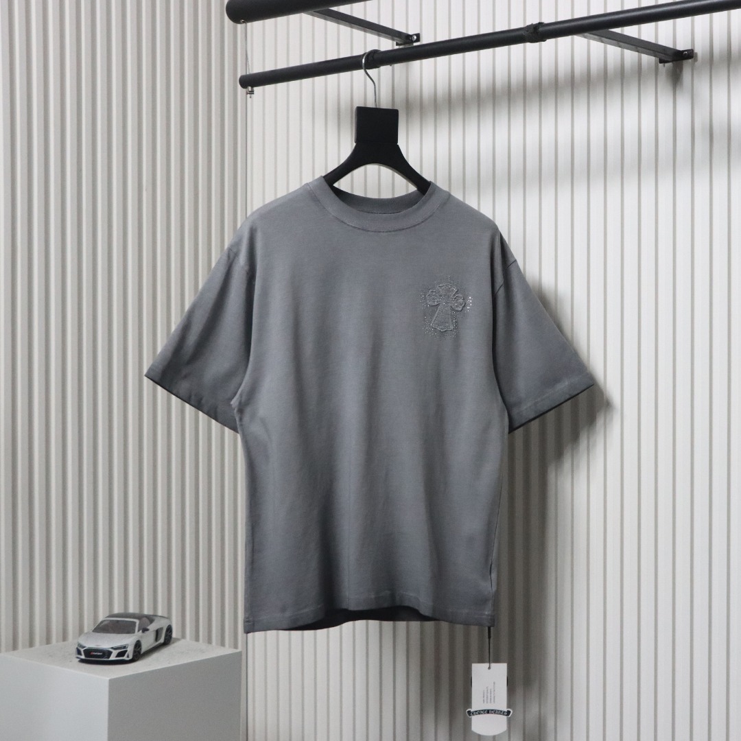 Chrome Hearts Heavy Patch Cross Hot Diamond Distressed T-shirt Grey