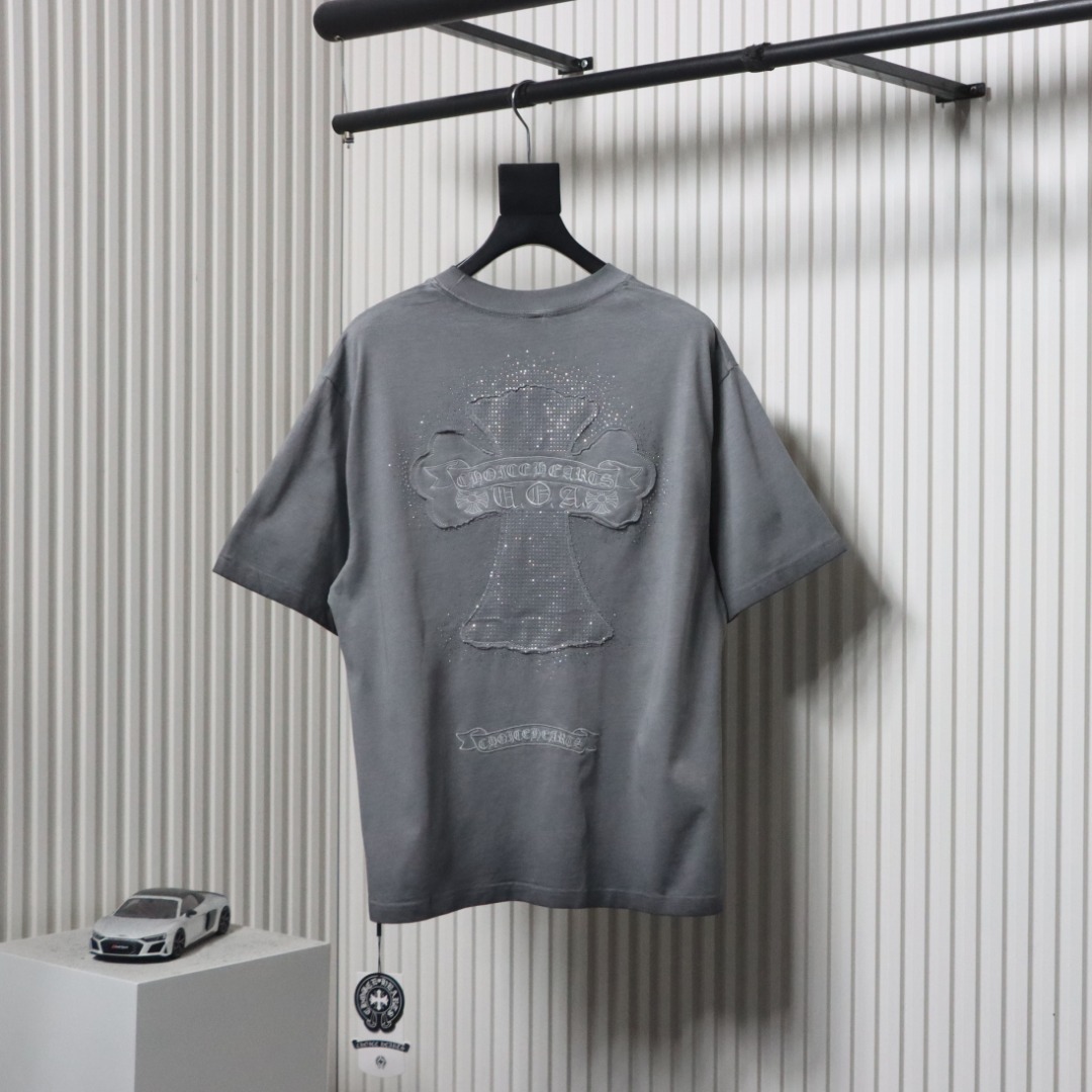 Chrome Hearts Heavy Patch Cross Hot Diamond Distressed T-shirt Grey