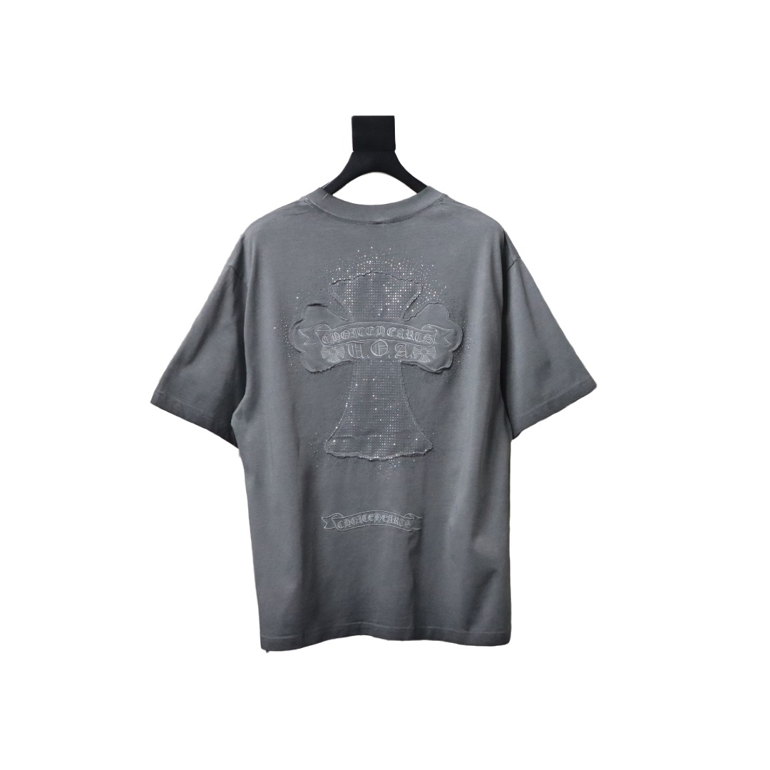 Chrome Hearts Heavy Patch Cross Hot Diamond Distressed T-shirt Grey