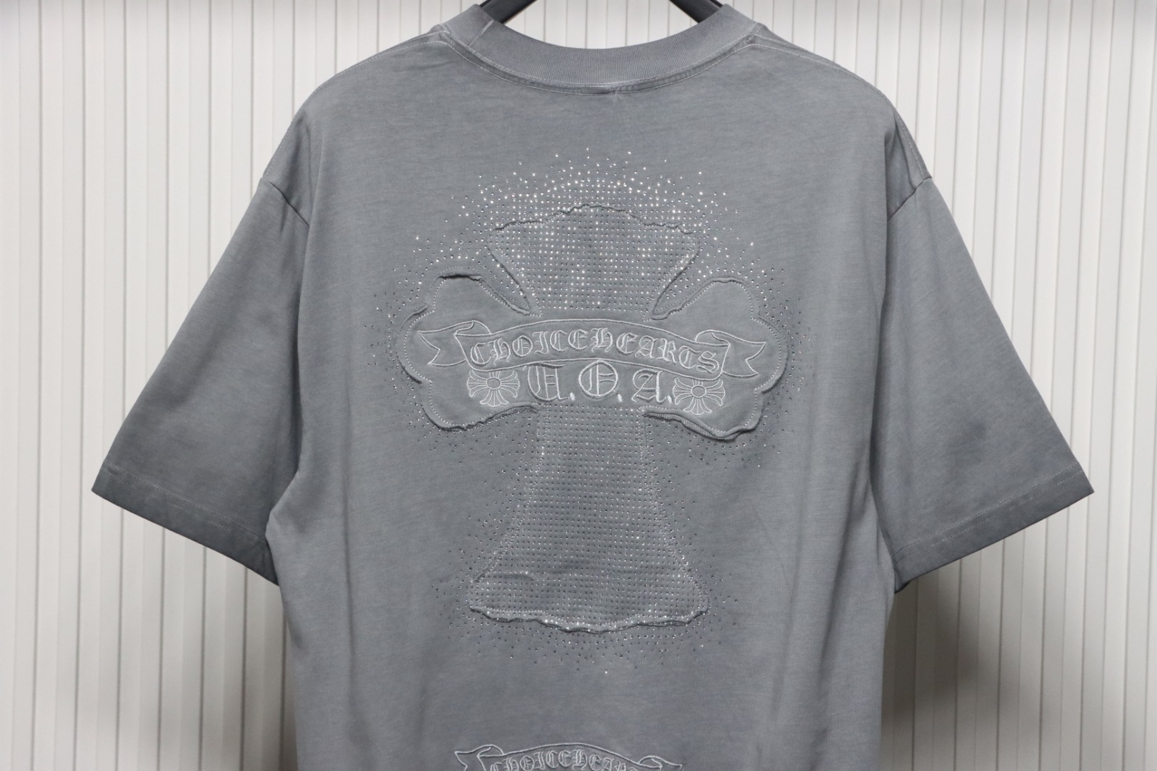 Chrome Hearts Heavy Patch Cross Hot Diamond Distressed T-shirt Grey