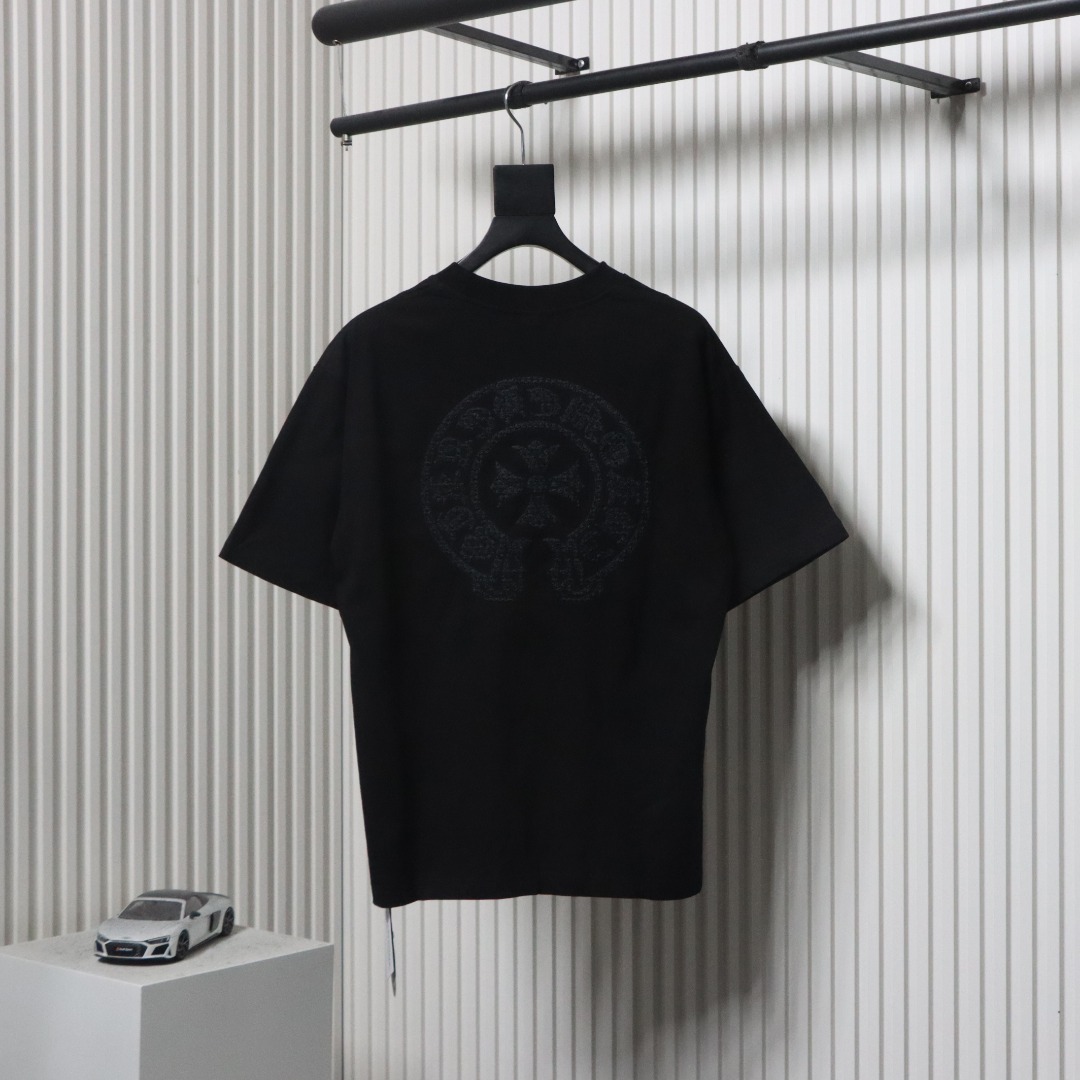 Chrome Hearts Trendy Embroidered Horseshoe Back Patch Overlapping Cross Round Neck T-shirt Black