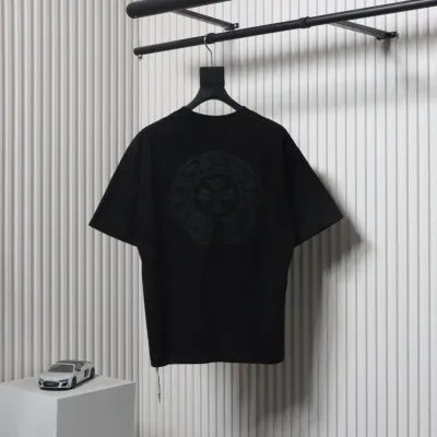 Chrome Hearts Trendy Embroidered Horseshoe Back Patch Overlapping Cross Round Neck T-shirt Black 02