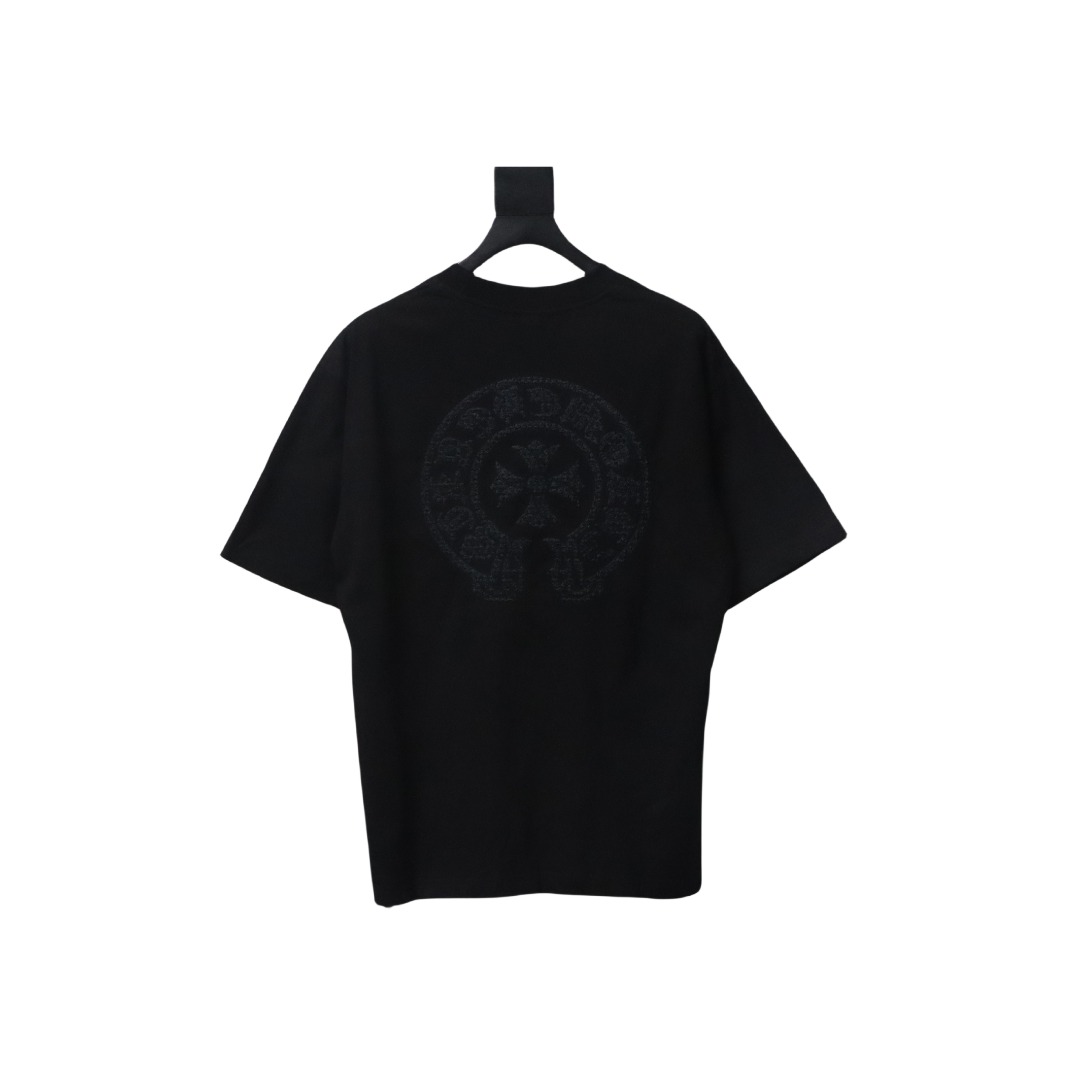 Chrome Hearts Trendy Embroidered Horseshoe Back Patch Overlapping Cross Round Neck T-shirt Black