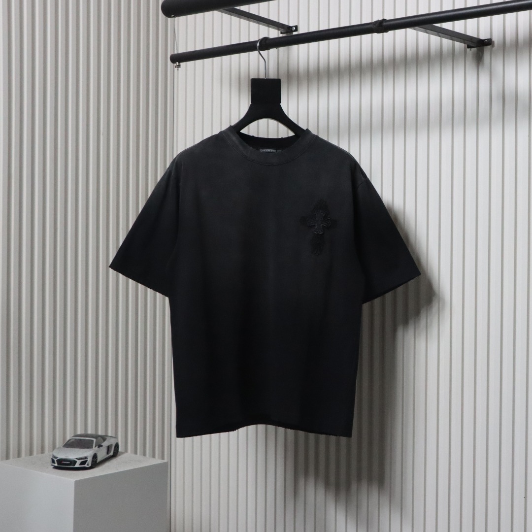 Chrome Hearts 25ss Cross Patch Embroidery Washed Holes T-shirt Black