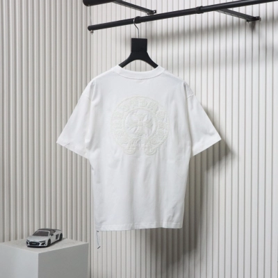 Chrome Hearts Trendy Embroidered Horseshoe Back Patch Overlapping Cross Round Neck T-shirt White 02