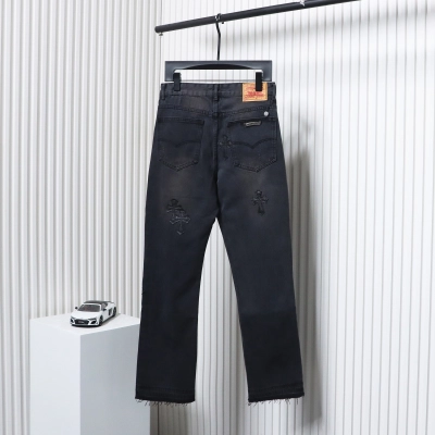 Chrome Hearts Black Leather Cross Denim Pants Black 02
