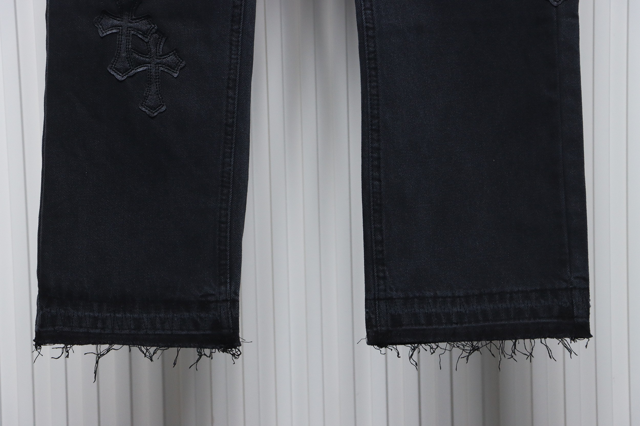 Chrome Hearts Black Leather Cross Denim Pants Black