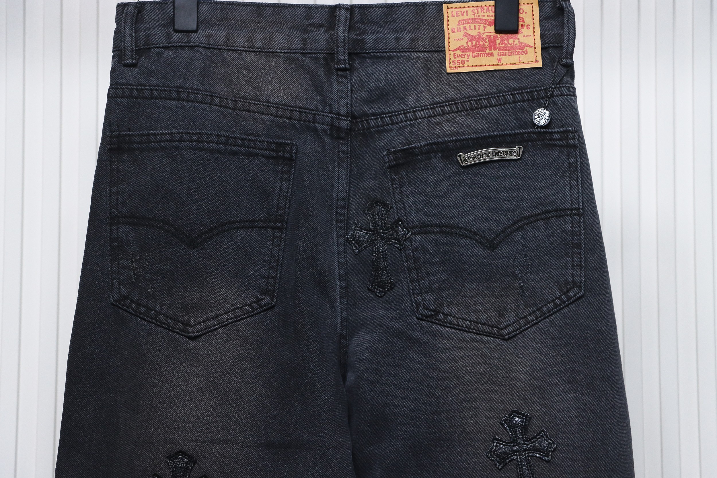 Chrome Hearts Black Leather Cross Denim Pants Black