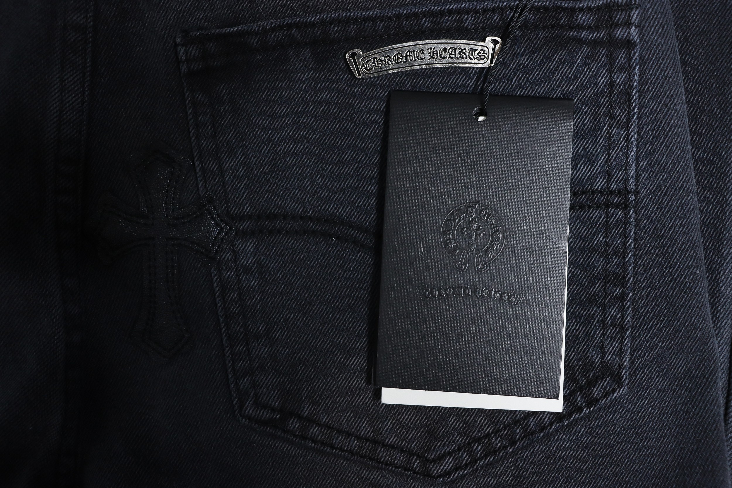 Chrome Hearts Black Leather Cross Denim Pants Black
