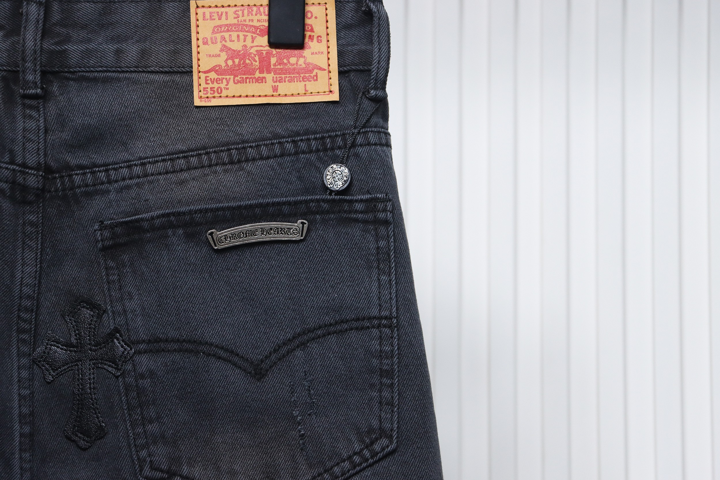 Chrome Hearts Black Leather Cross Denim Pants Black