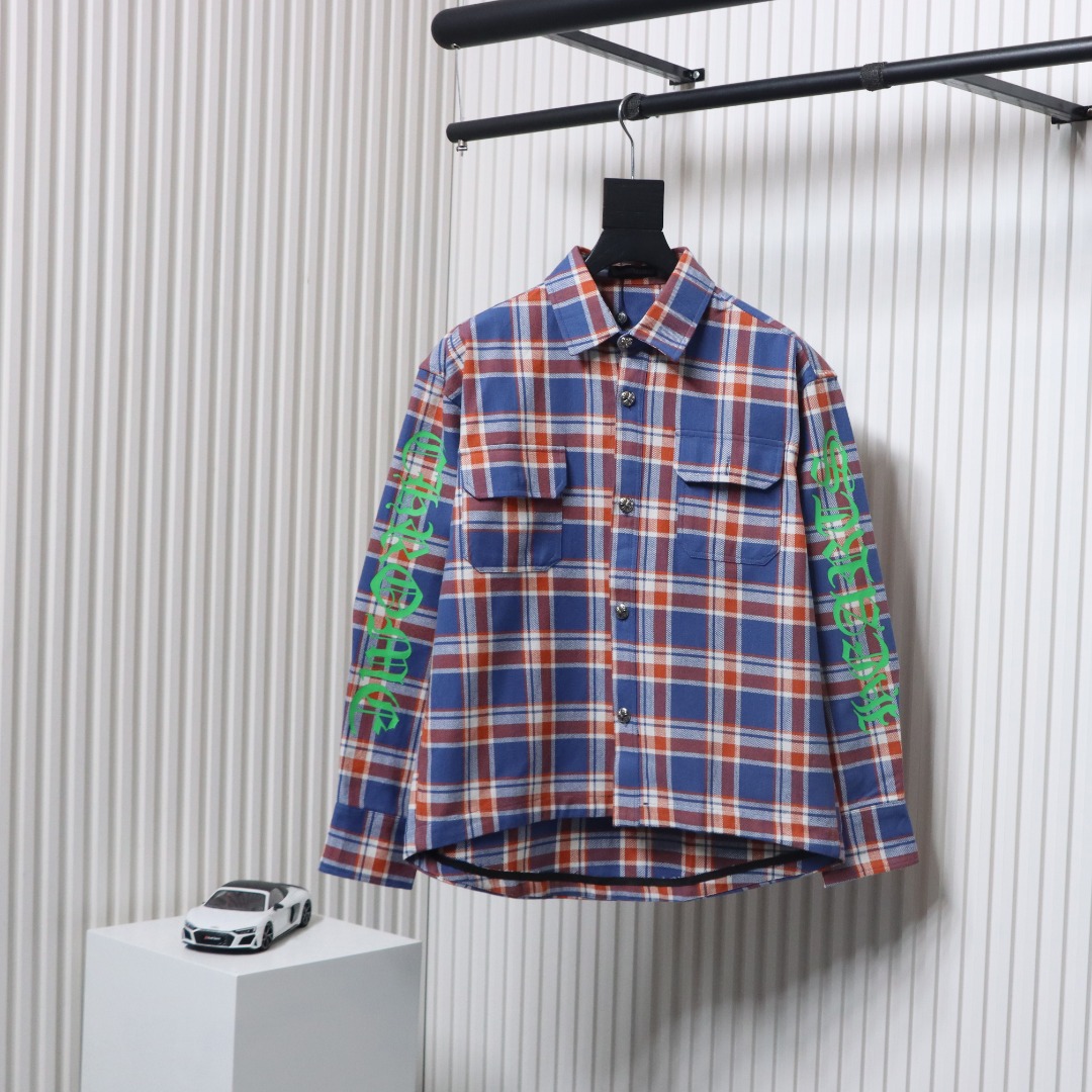 Chrome Hearts Blue And White Striped Plaid Stitching Silver Button Cardigan Shirt