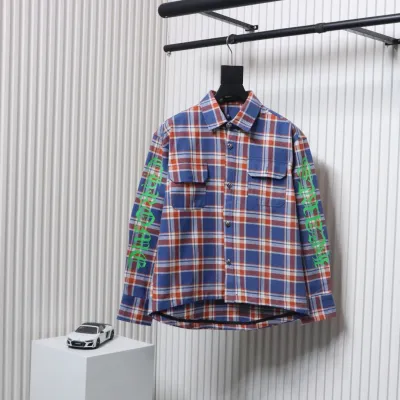 Chrome Hearts Blue And White Striped Plaid Stitching Silver Button Cardigan Shirt 02