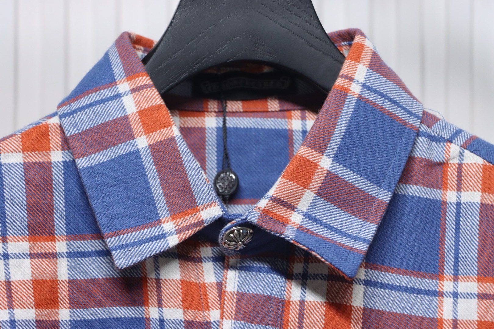 Chrome Hearts Blue And White Striped Plaid Stitching Silver Button Cardigan Shirt