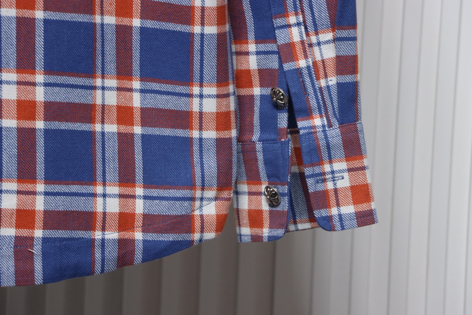 Chrome Hearts Blue And White Striped Plaid Stitching Silver Button Cardigan Shirt