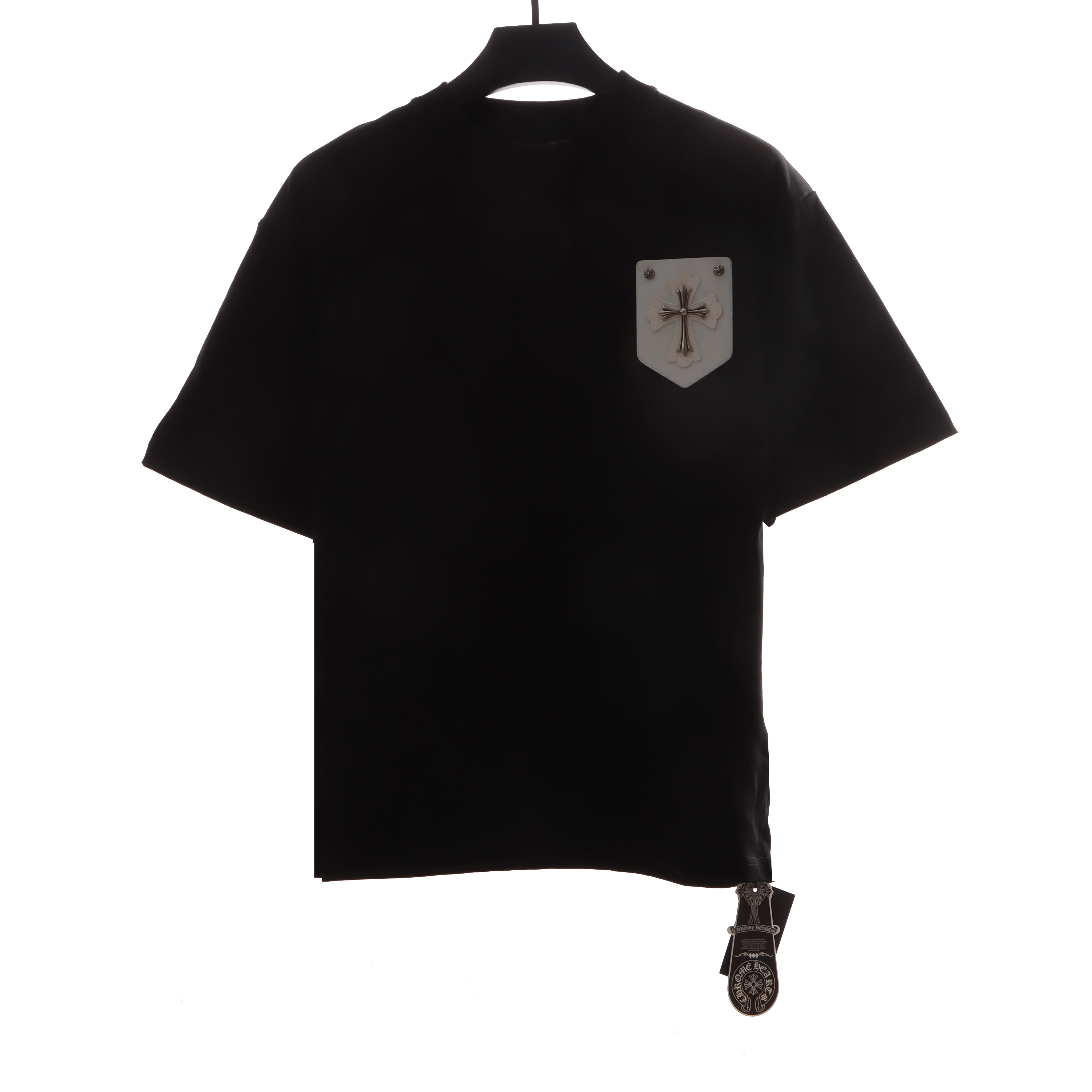 Chrome Hearts Chest Leather Label Cross Silver Ornament T-shirt Black