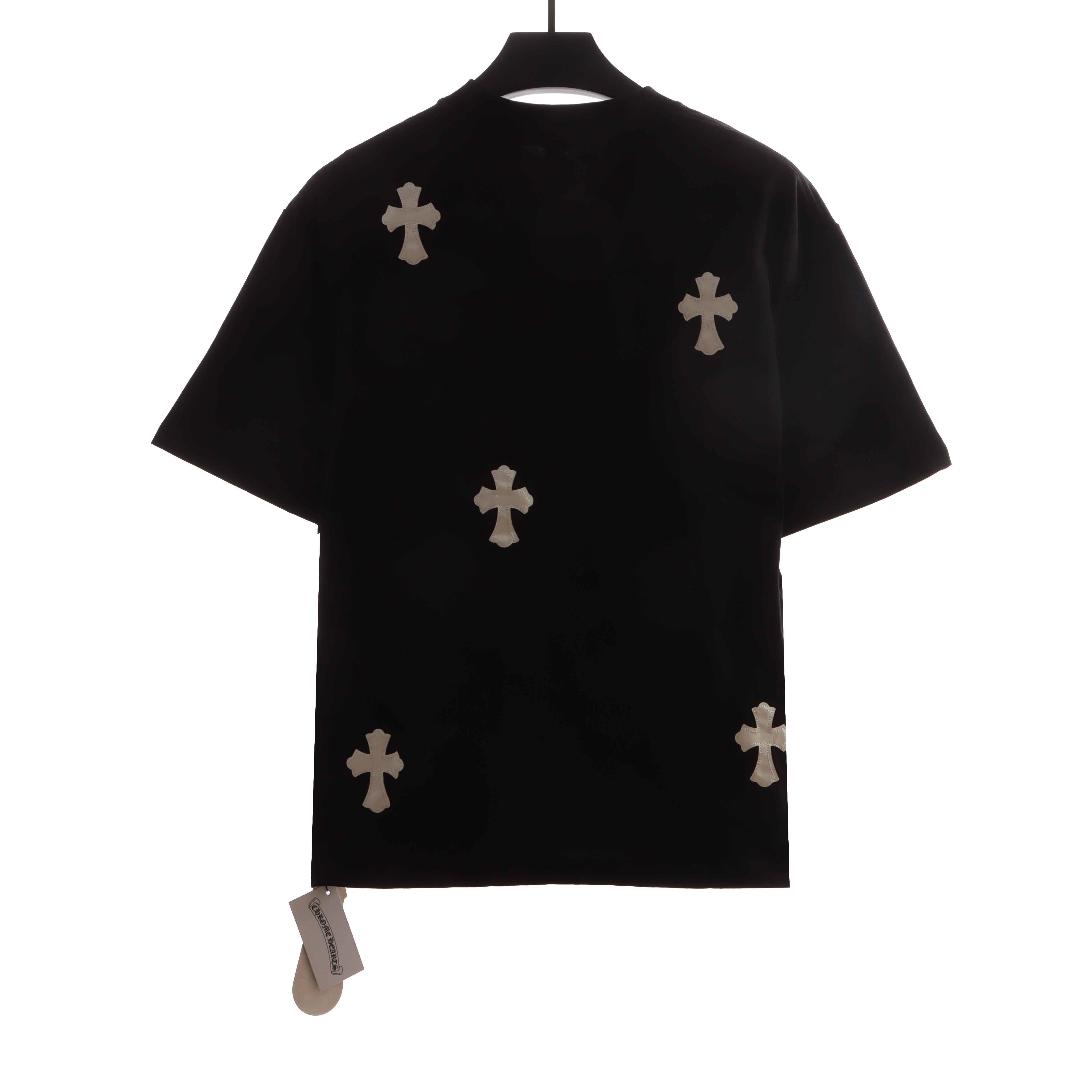 Chrome Hearts Chest Leather Label Cross Silver Ornament T-shirt Black